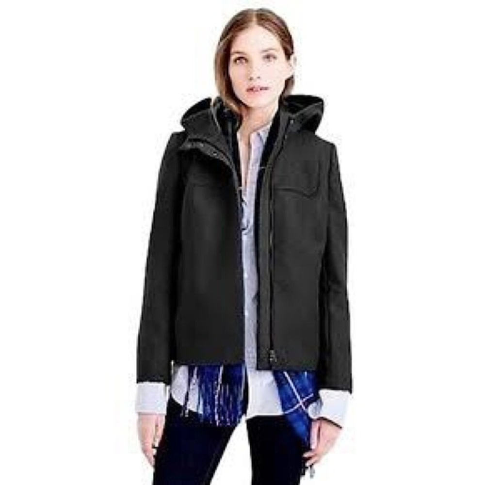 J. Crew Italian Melton Wool‎ Hooded Bib Coat Jacket Black 8